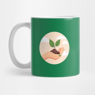 Female hand with sprout and soil Mug